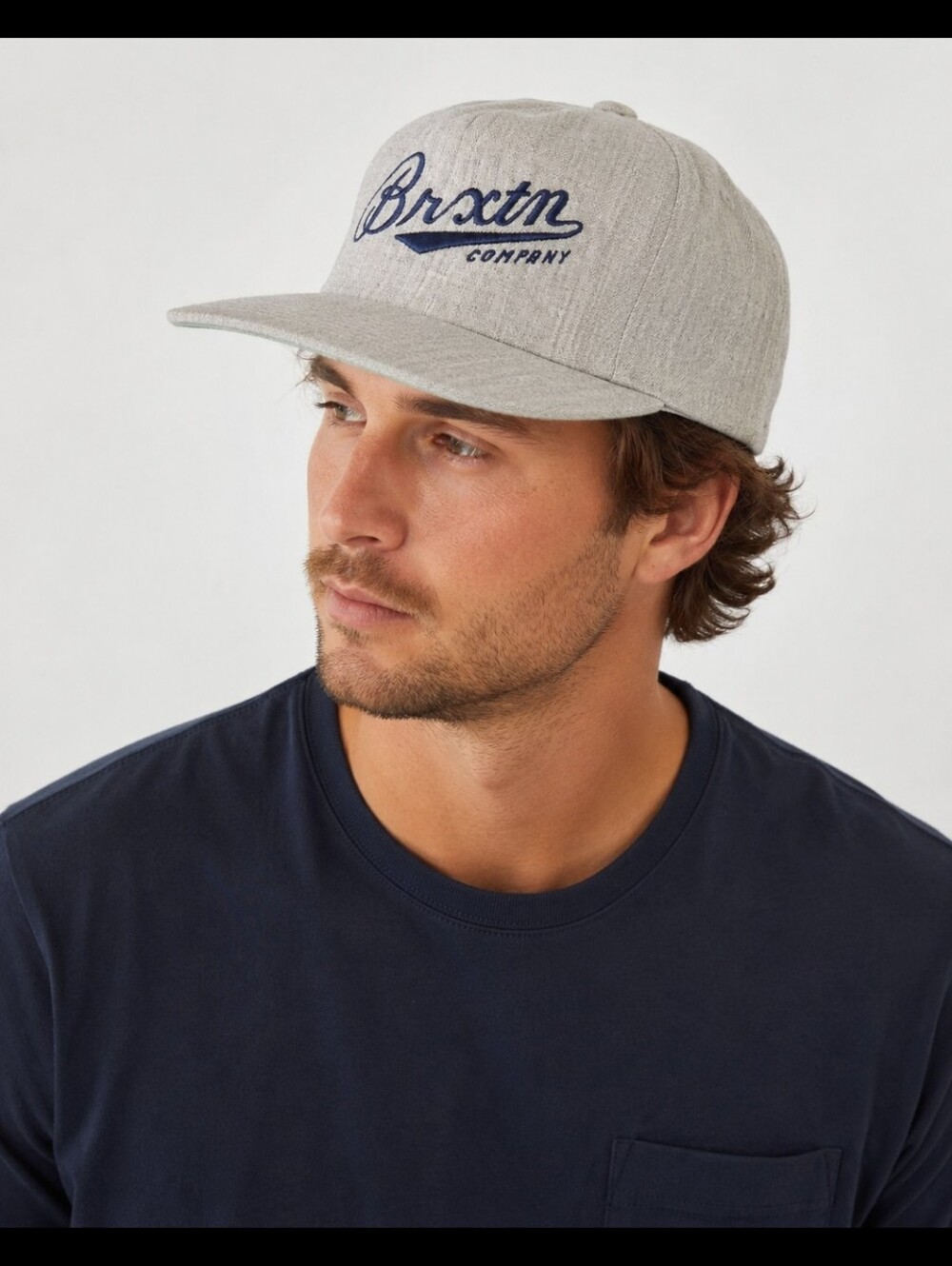 Brixton Fenway Heather Gray 6 Panel Hat Leather Strapback Navy Script Writing OS
